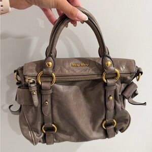 Miu Miu Gray/Brown Leather Handbag with Gold Accents